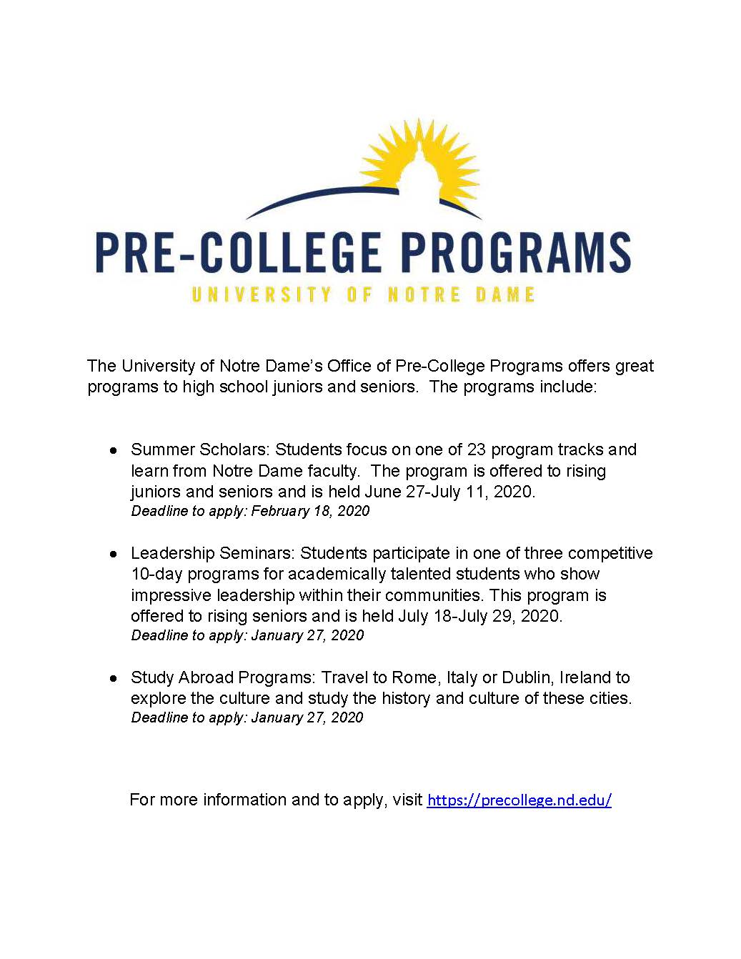 This is the image for the news article titled Notre Dame Summer Programs!
